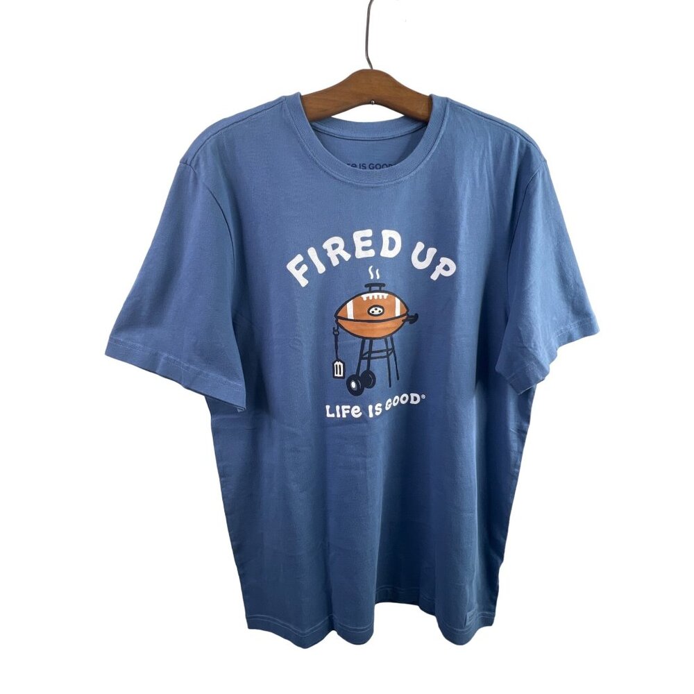 Life is Good Tshirt Size Medium Fired Up Grill Football Crusher Tee Crew NEW